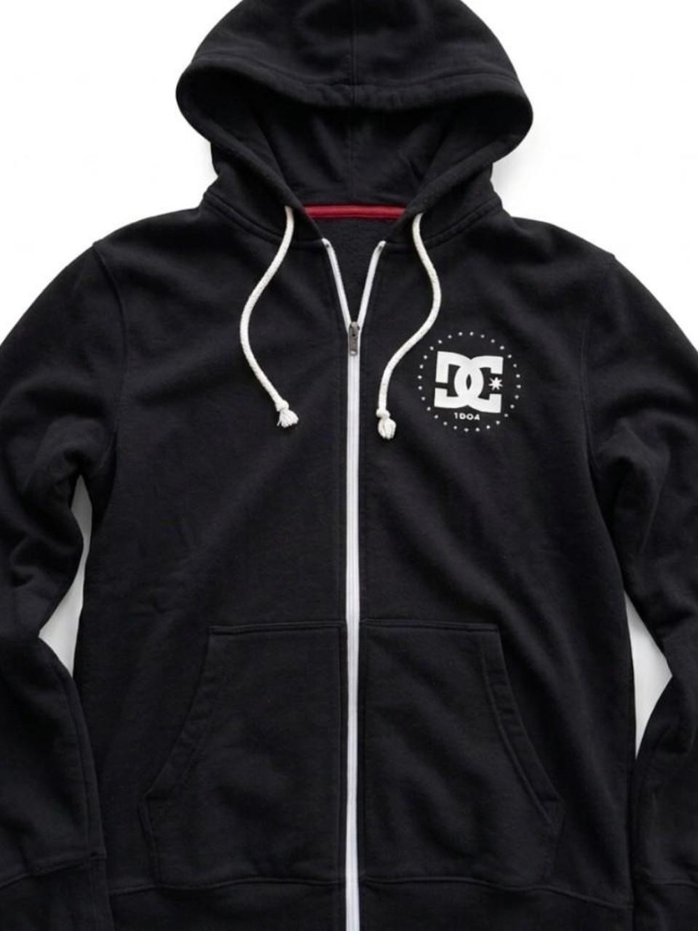 Y2K DC Relaxed Black Hoodie with White Drawstrings and Red Trim Stars On Sleeve